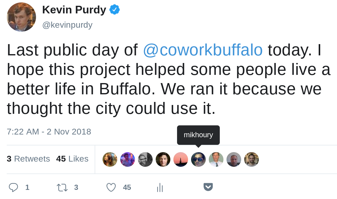 Last public day of @coworkbuffalo today. I hope this project helped some people live a better life in Buffalo. We ran it because we thought the city could use it.