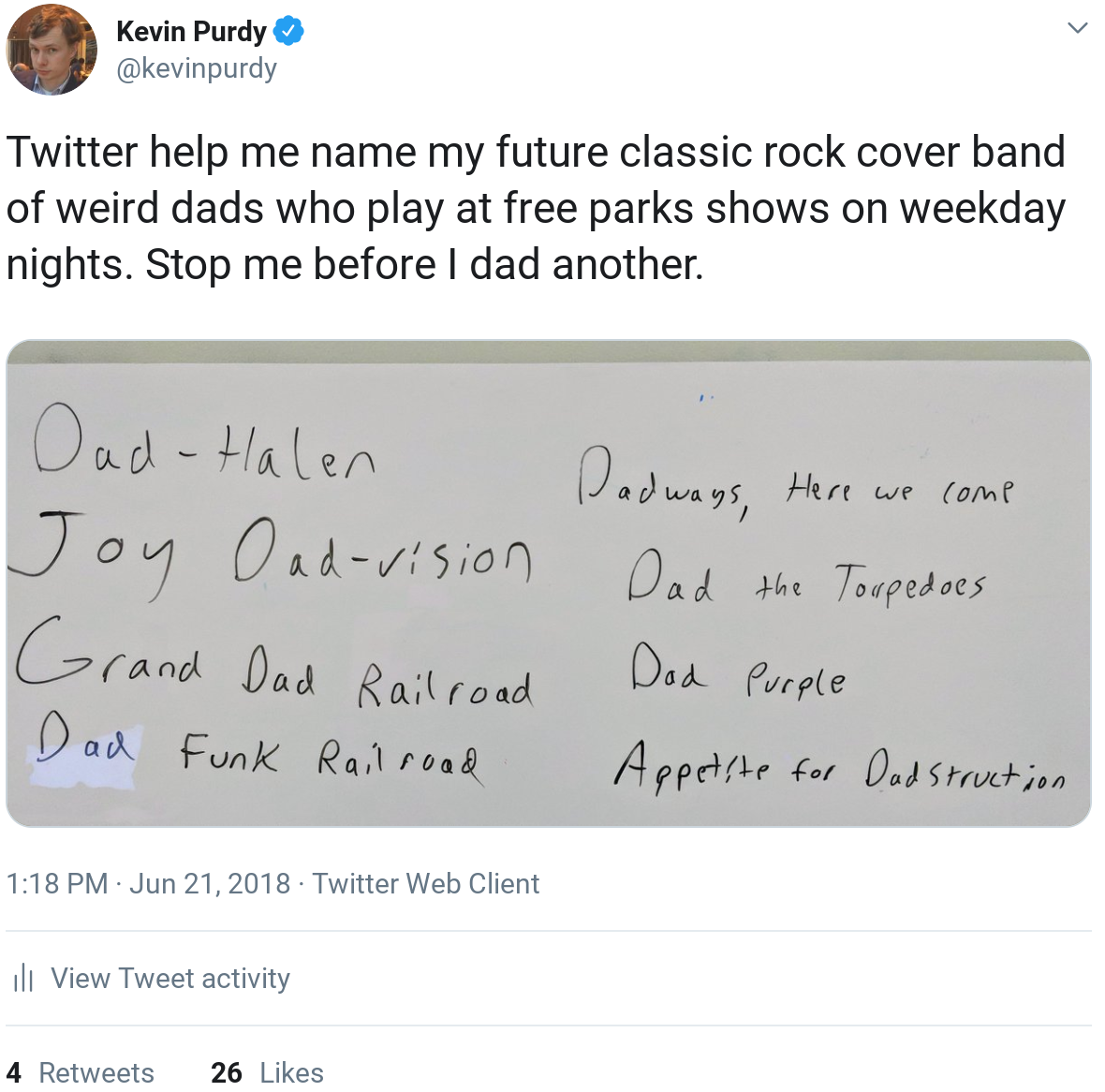 Twitter help me name my future classic rock cover band of weird dads who play at free parks shows on weekday nights. Stop me before I dad another.