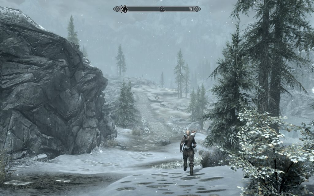 Beautiful screenshot of a snowy hillside in _Skyrim_