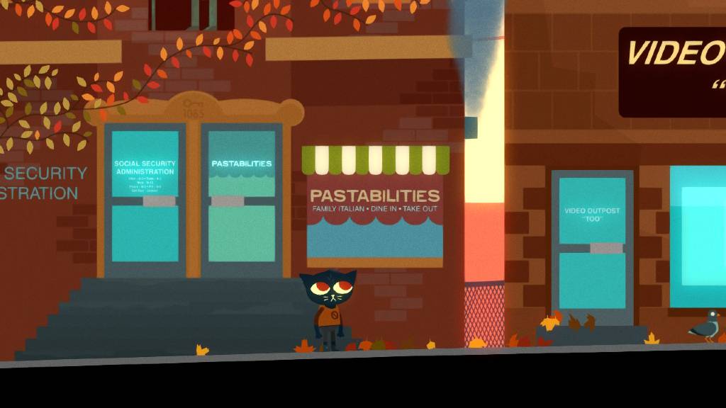 Night in the Woods screenshot, featuring Pastabilities, which is an honest-to-God restaurant in Syracuse that seems like parody, but is just a restaurant everyone recommends
