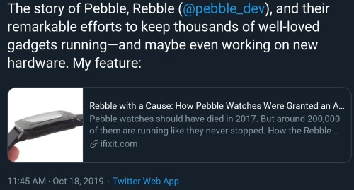 The story of Pebble, Rebble @pebble_dev, and their remarkable efforts to keep thousands of well-loved gadgets running—and maybe even working on new hardware. My feature: