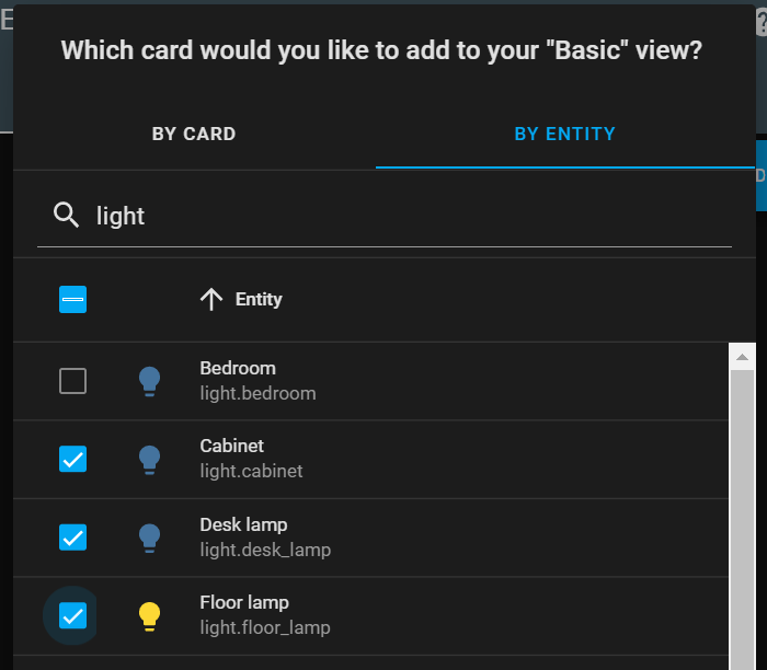 Selecting entities for a Home Assistant card