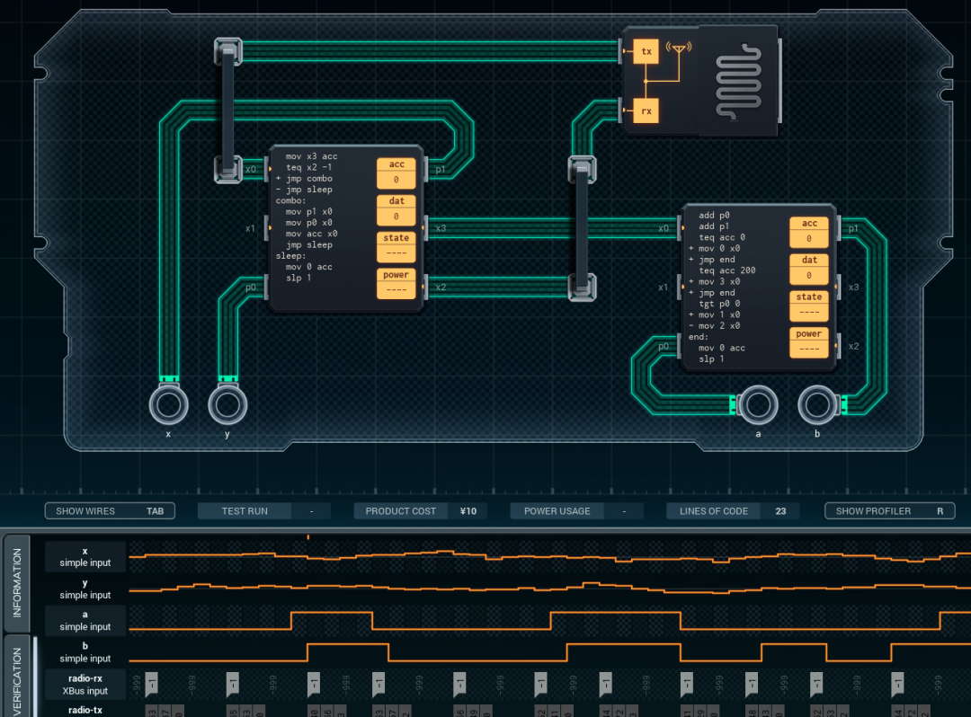 Microcontroller design screen from Shenzen I/O game