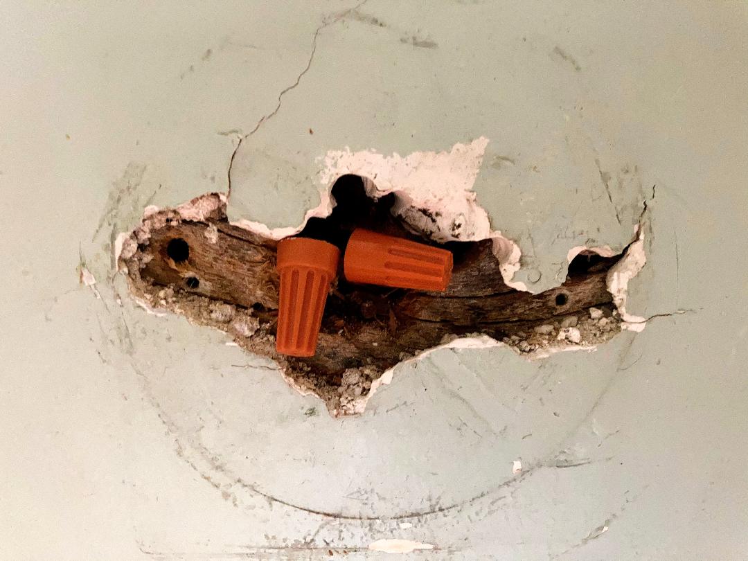Two orange wiring caps peeking out of a plaster wall