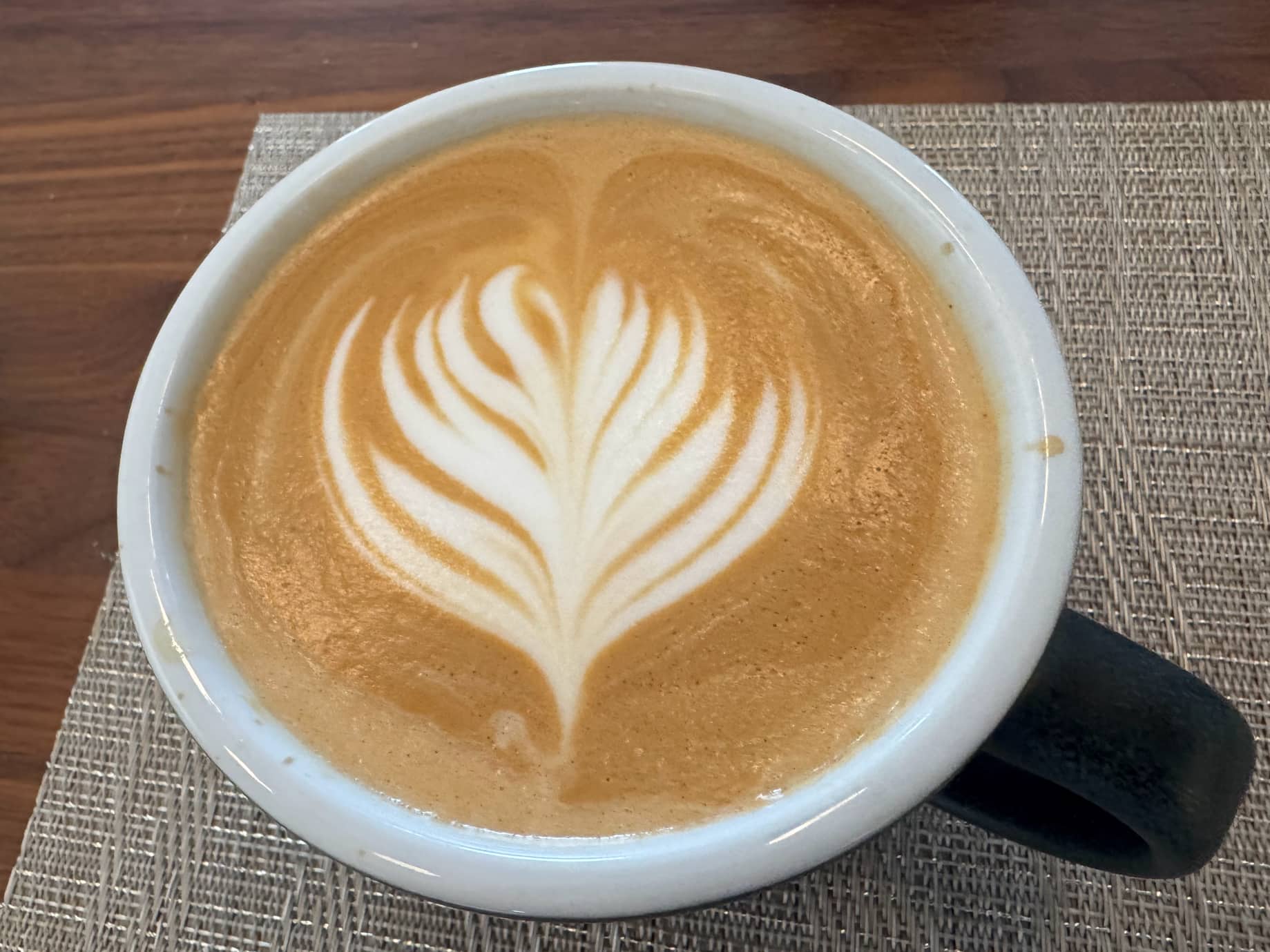 Latte art, a fern-like leaf of milk in frothy brown milk in a black cup