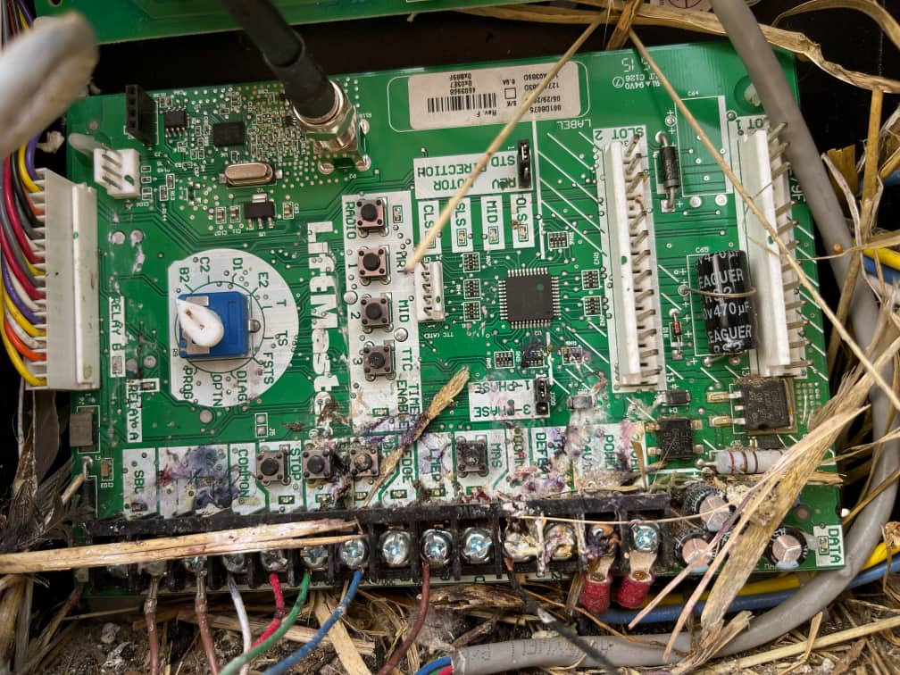 Circuit board for a Liftmaster garage door opener control, covered in detritus and straw from a bird's nest